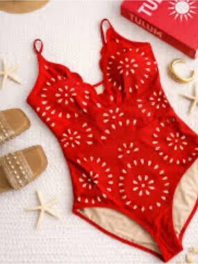 Red Crochet One-Piece Swimwear Bodysuit -
